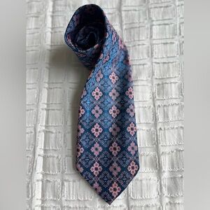 Vintage Brittania Silk Tie – Blue & Pink Geometric Floral – Union Jack Lining